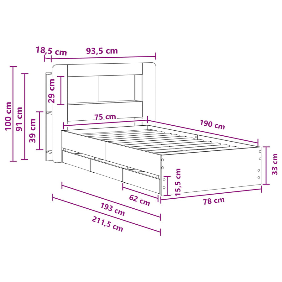 Bedframe met opslag Betongrijs 75 x 190 cm Bewerkt hout