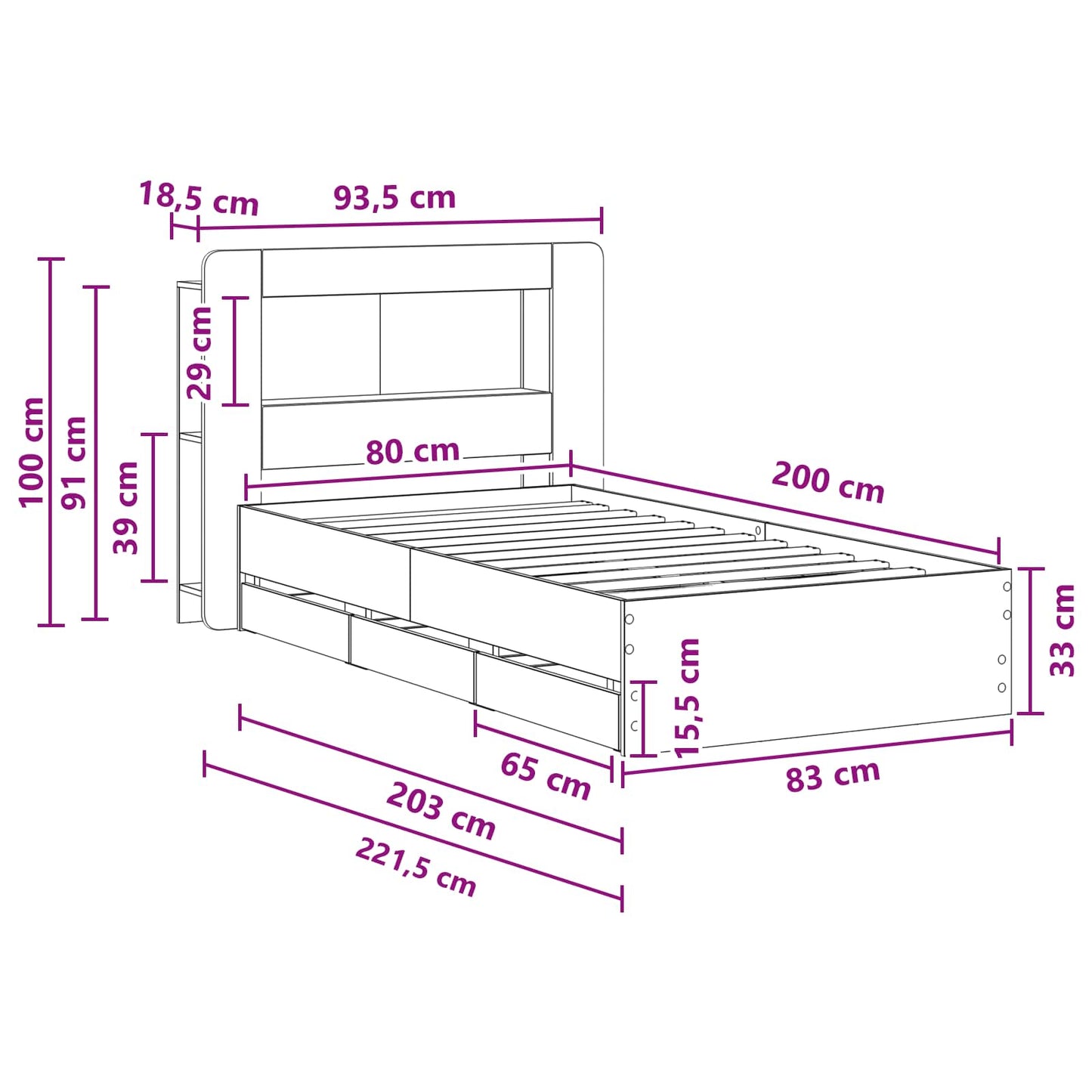 Bedframe met opslag Gerookt eiken 80 x 200 cm Bewerkt hout