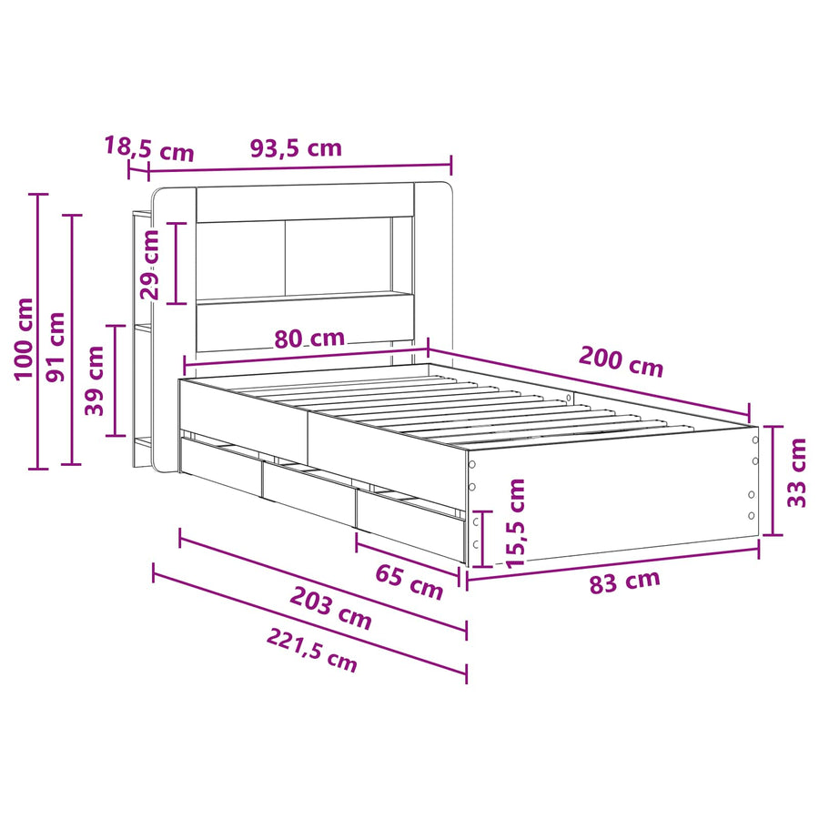 Bedframe met opslag Gerookt eiken 80 x 200 cm Bewerkt hout