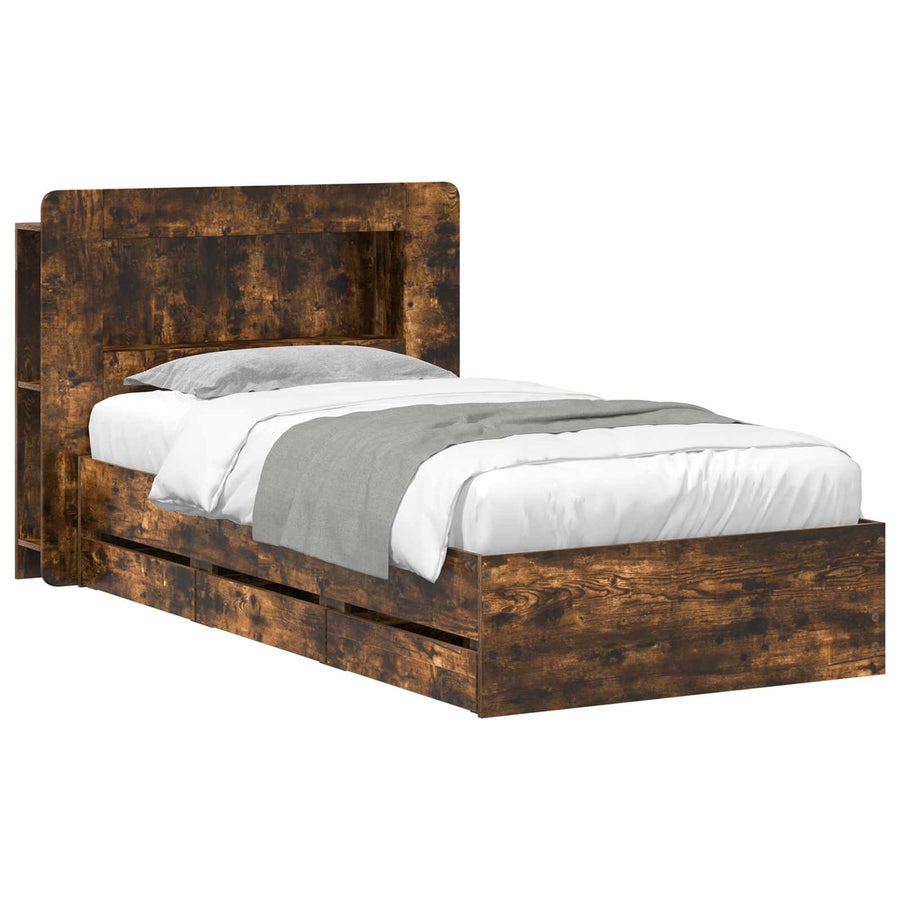 Bedframe met opslag Gerookt eiken 90 x 190 cm Bewerkt hout