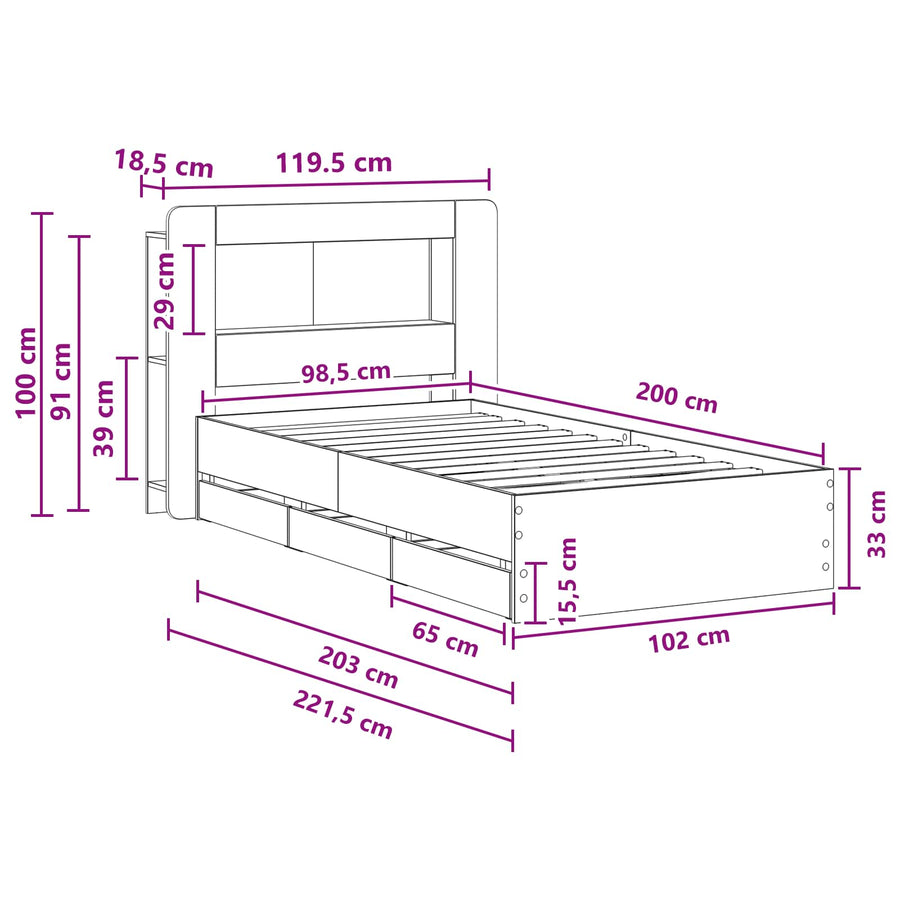 Bedframe met opslag Gerookt eiken 100 x 200 cm Bewerkt hout
