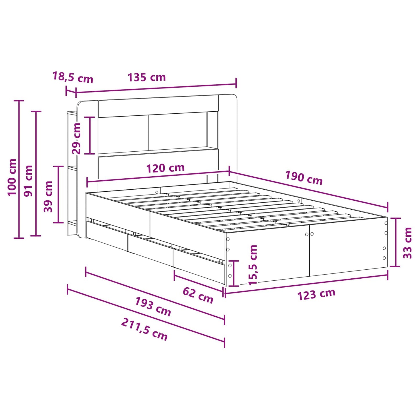 Bedframe met opslag Gerookt eiken 120 x 190 cm Bewerkt hout