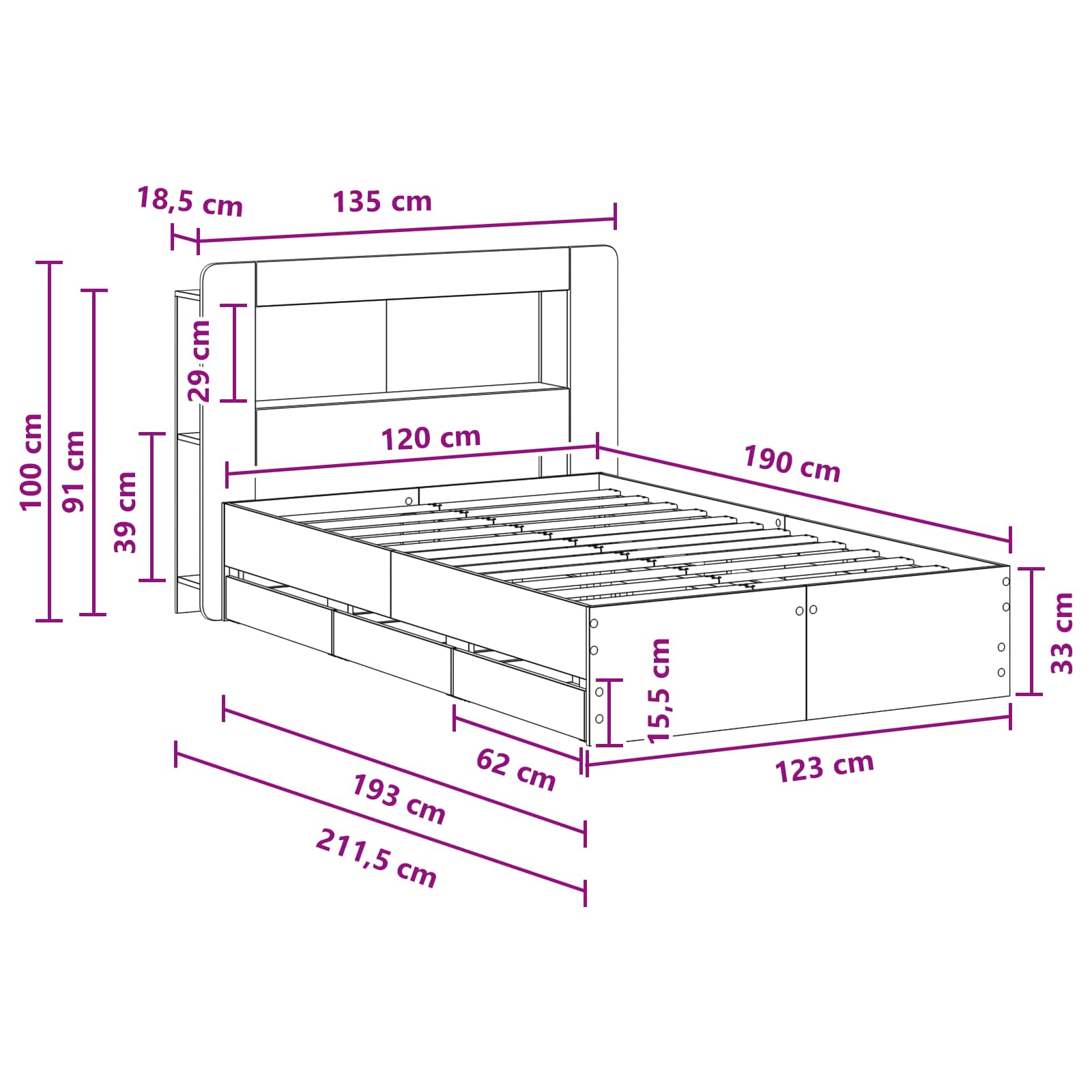 Bedframe met opslag Gerookt eiken 120 x 190 cm Bewerkt hout