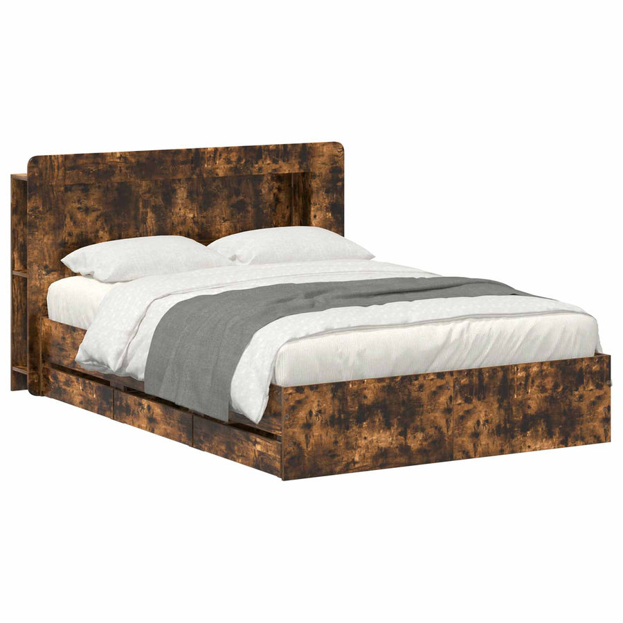 Bedframe met opslag Gerookt eiken 135 x 190 cm Bewerkt hout