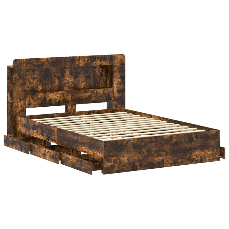 Bedframe met opslag Gerookt eiken 135 x 190 cm Bewerkt hout