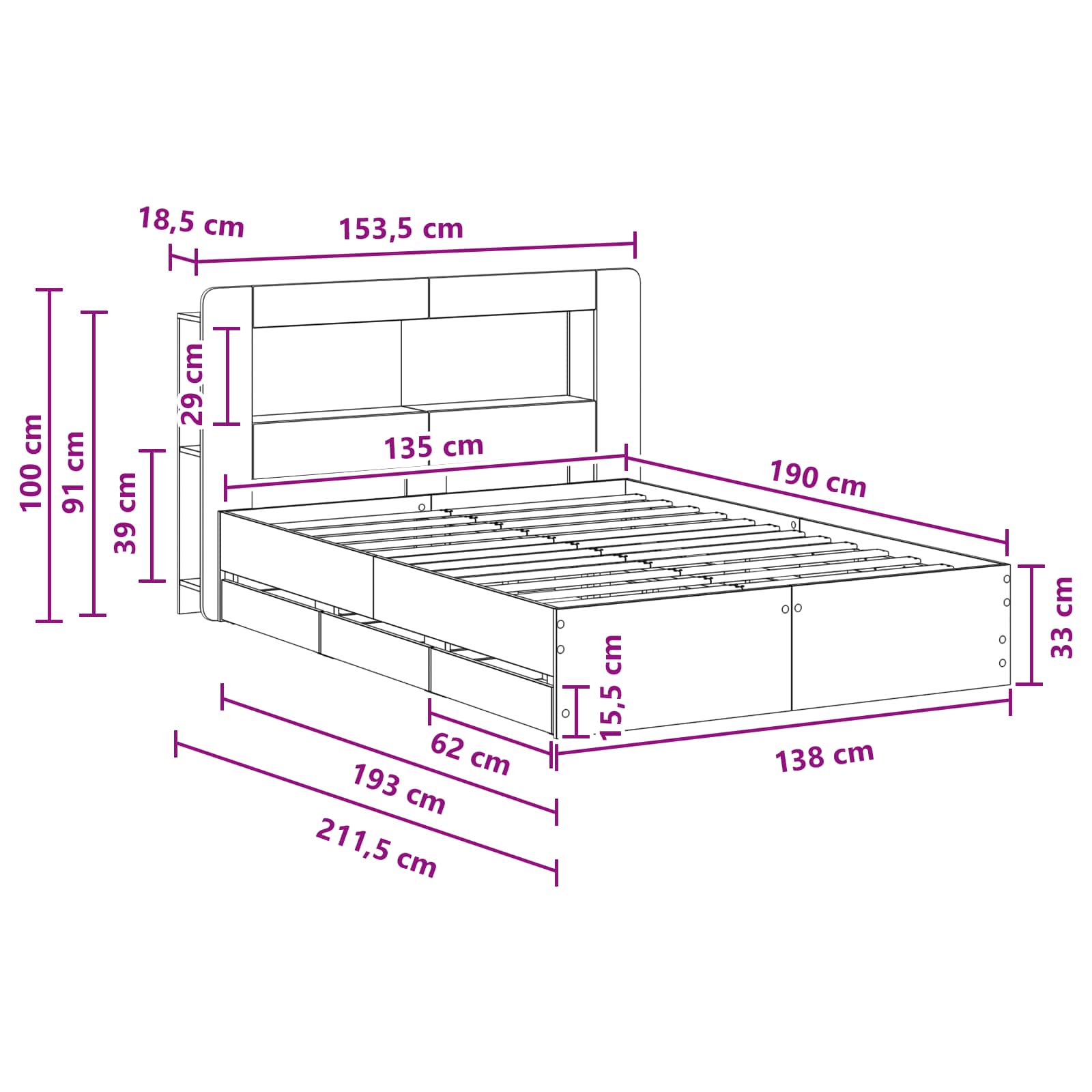 Bedframe met opslag Gerookt eiken 135 x 190 cm Bewerkt hout