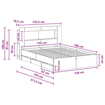 Bedframe met opslag Gerookt eiken 135 x 190 cm Bewerkt hout
