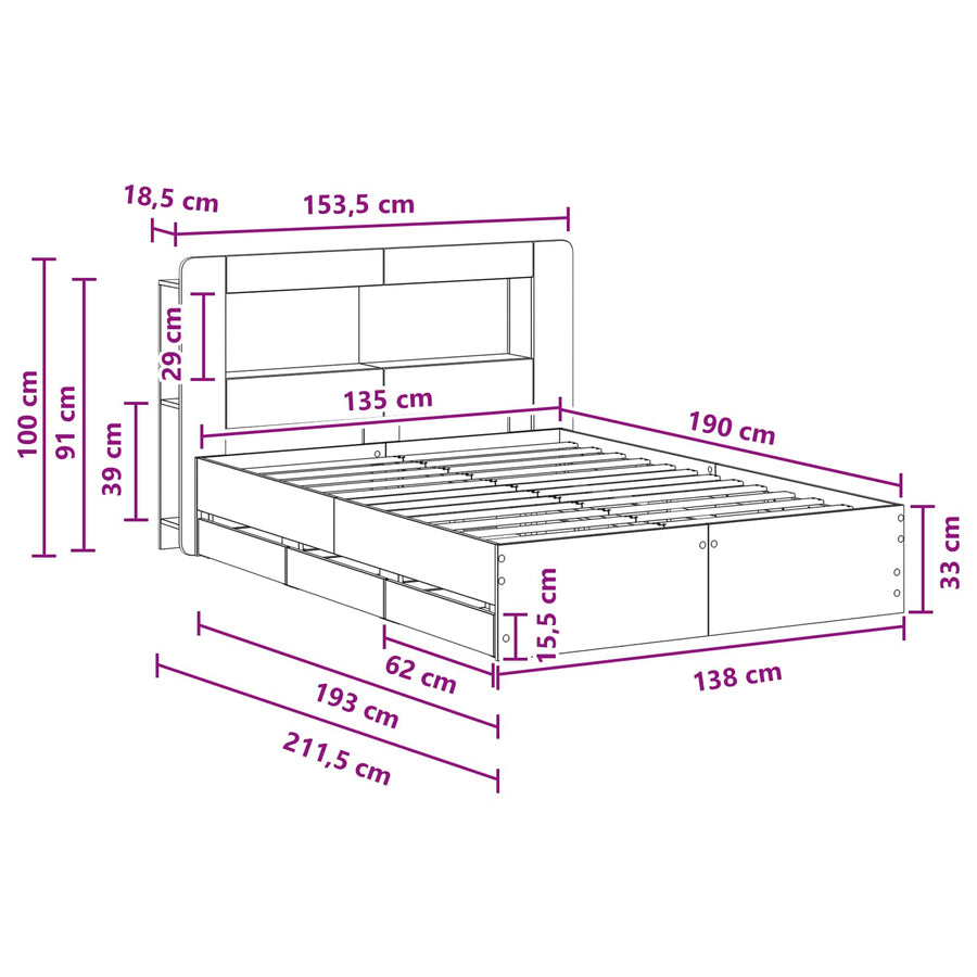 Bedframe met opslag Gerookt eiken 135 x 190 cm Bewerkt hout