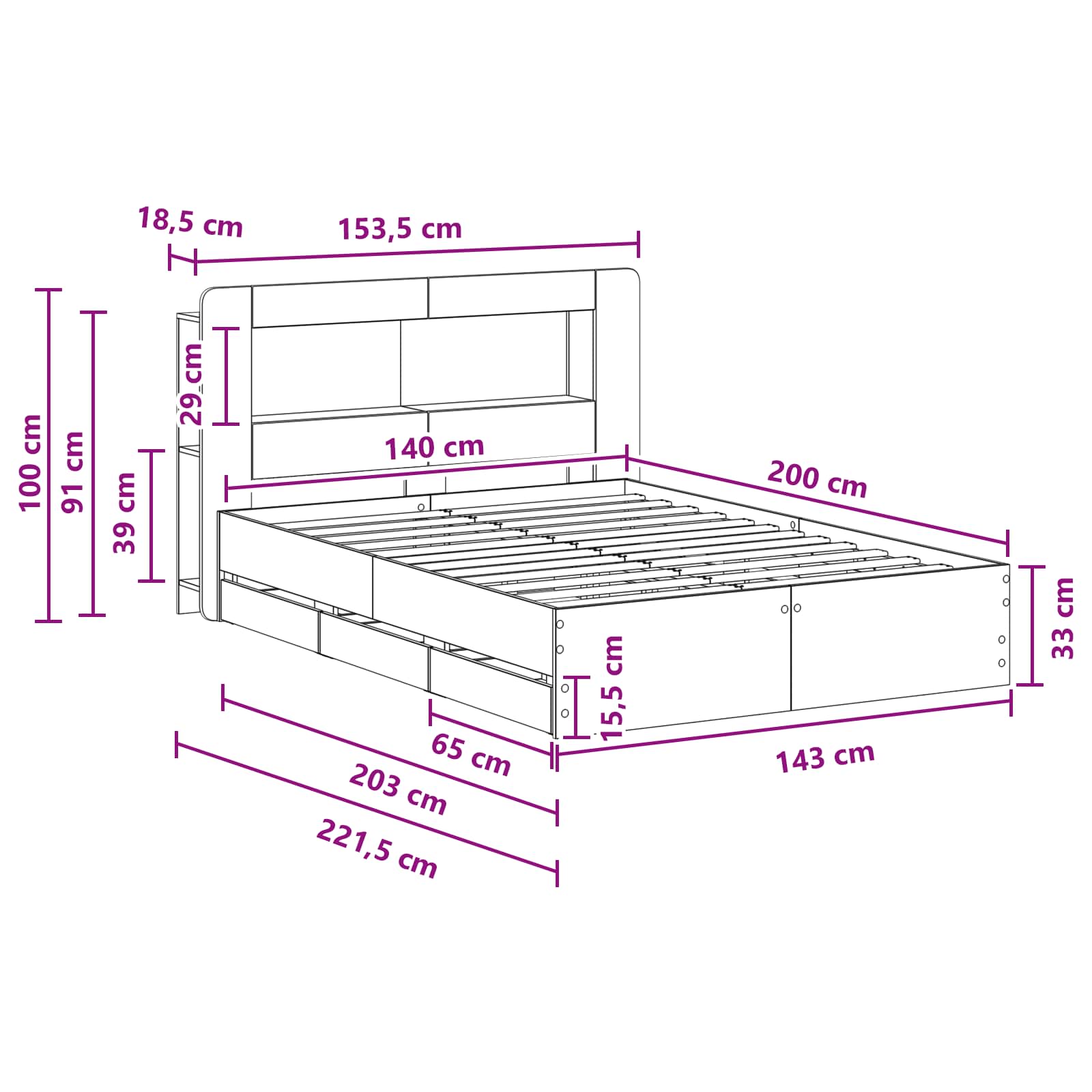 Bedframe met opslag Grijs Sonoma 140 x 200 cm Bewerkt hout