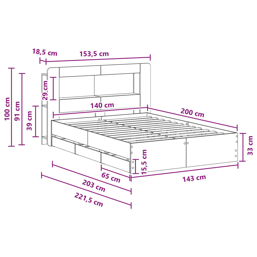 Bedframe met opslag Grijs Sonoma 140 x 200 cm Bewerkt hout