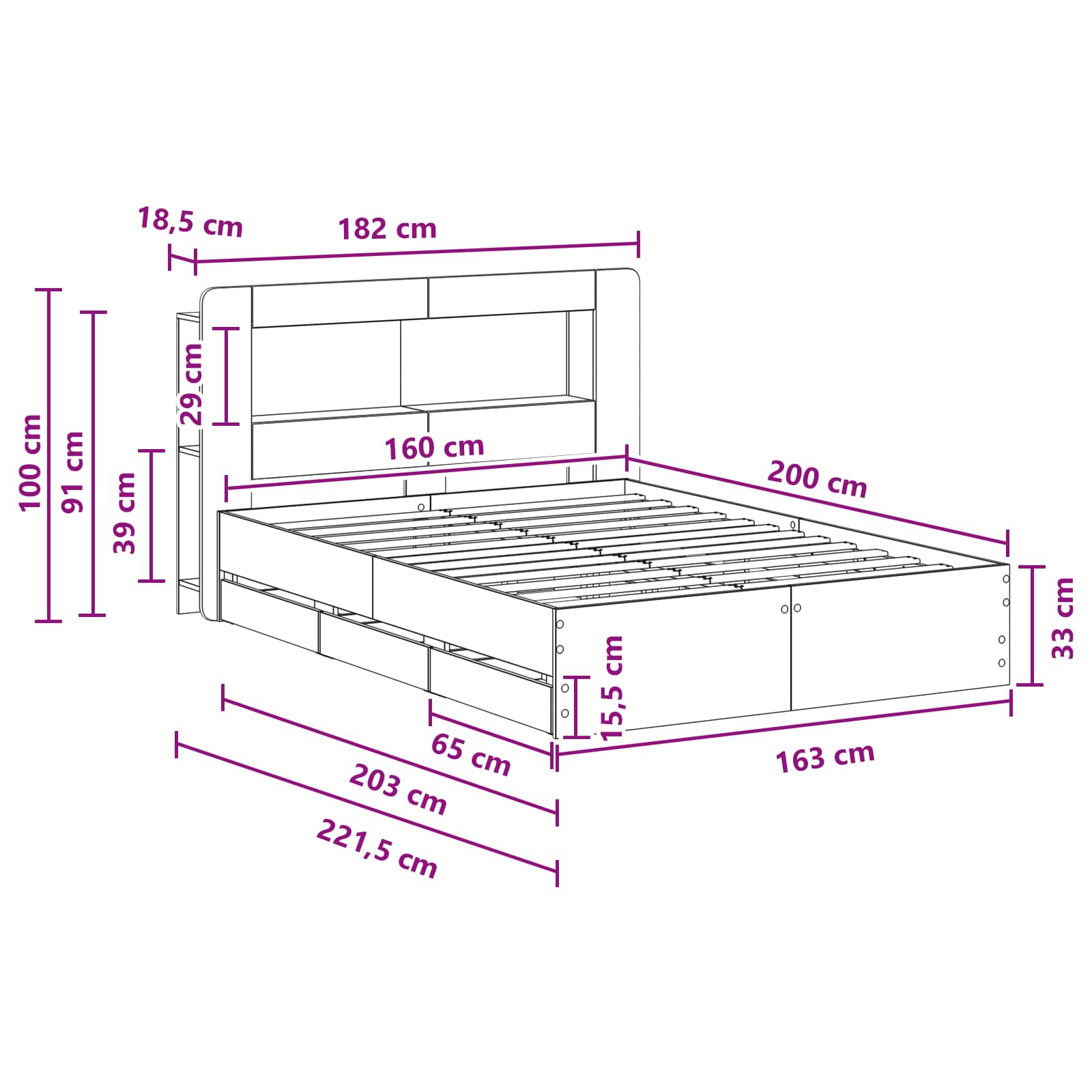 Bedframe met opslag Zwart 160 x 200 cm Bewerkt hout