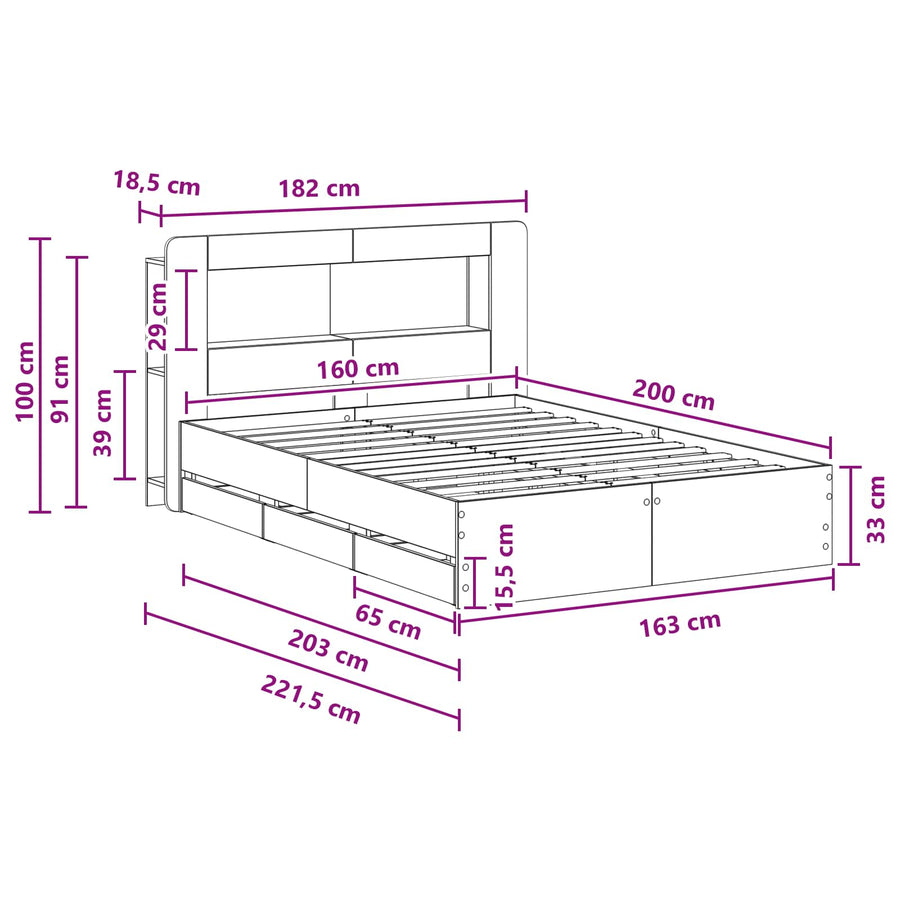 Bedframe met opslag Grijs Sonoma 160 x 200 cm Bewerkt hout