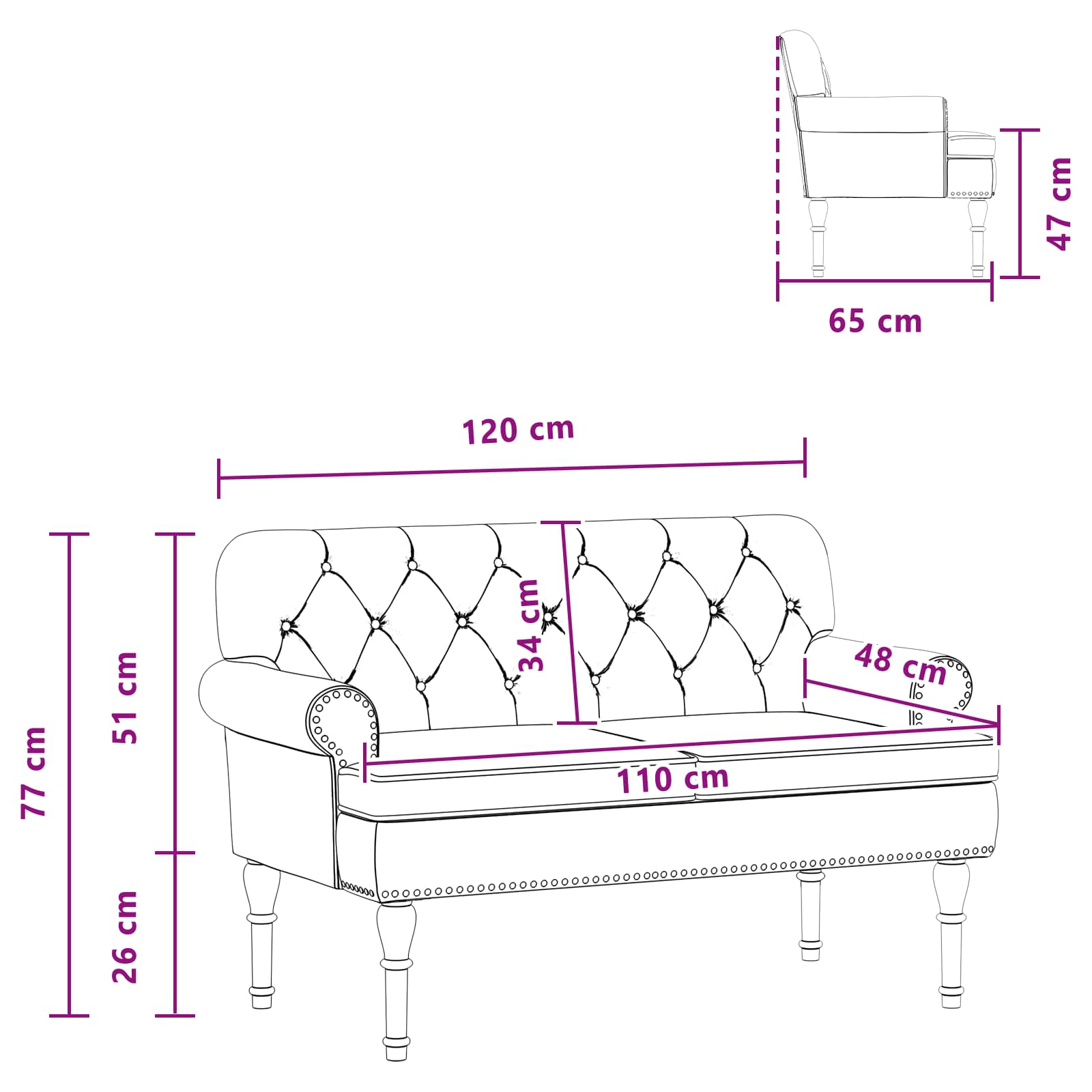 Loungebank met knopencomfort Wijnrood 120 x 65 x 77 cm