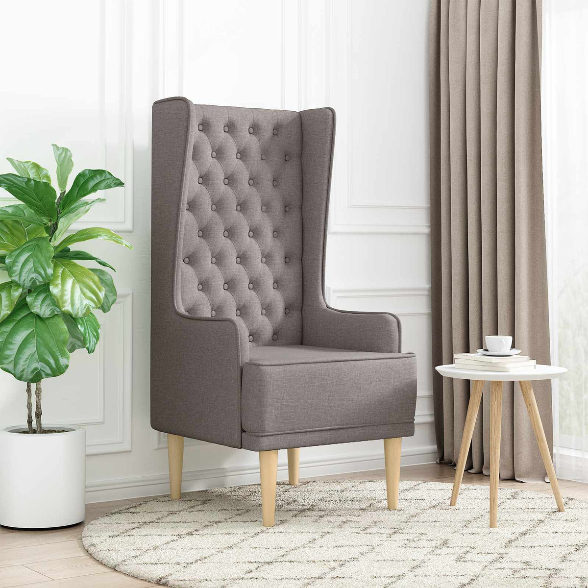 Gecapitonneerde stoel met hoge rugleuning Taupe Stof