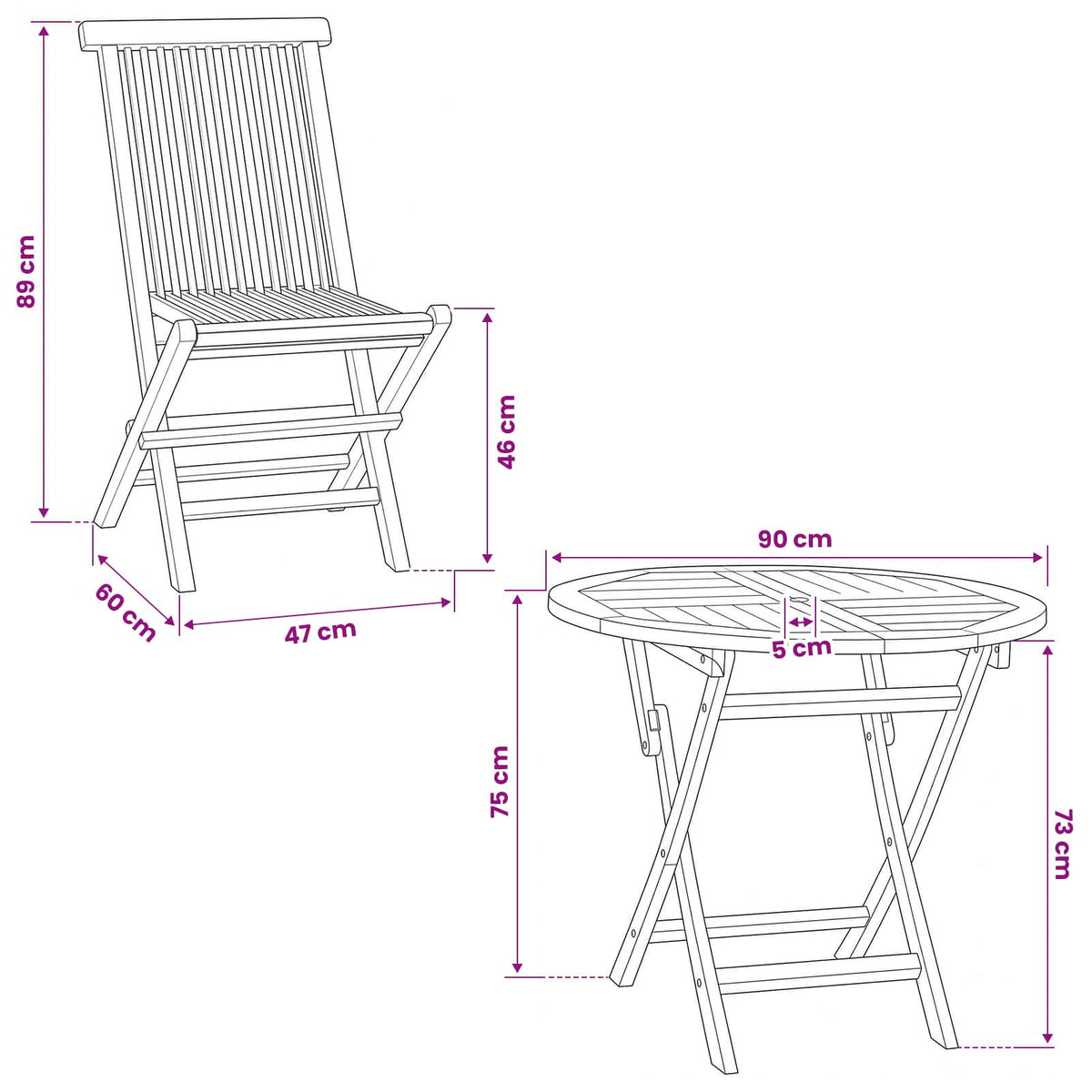 3-delige opvouwbare bistroset voor in de tuin Naturel