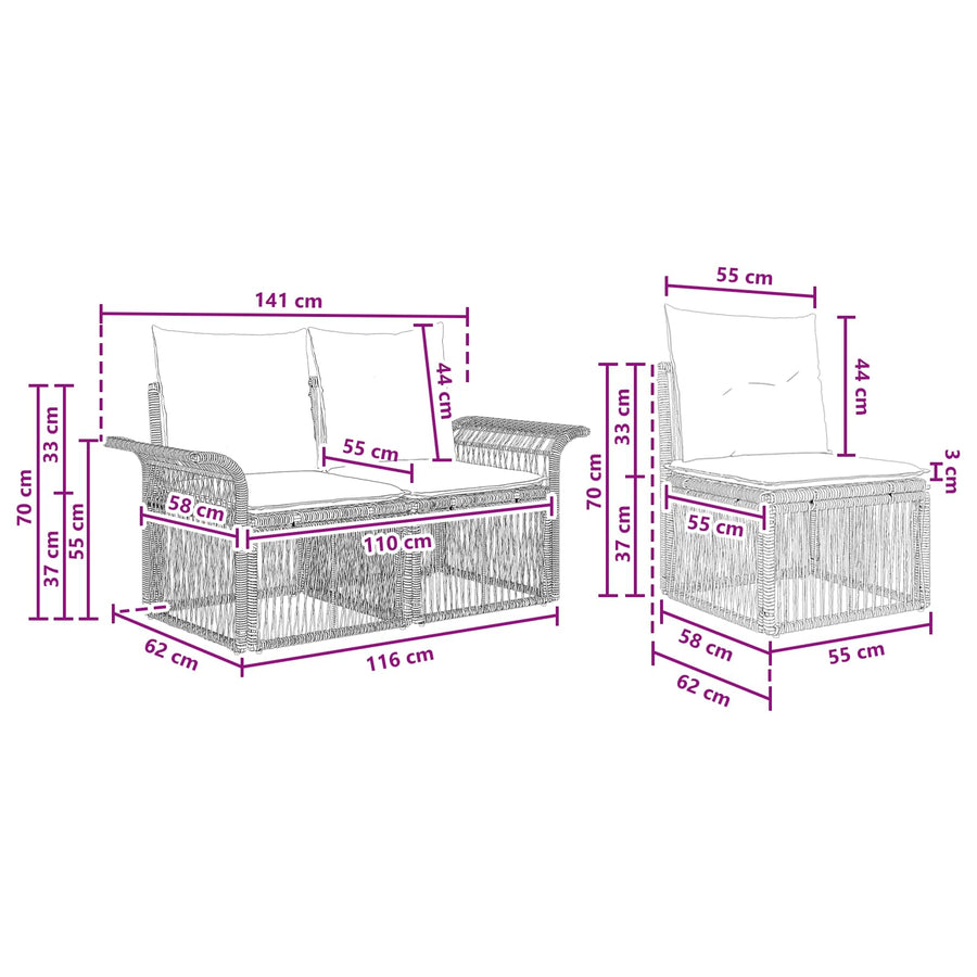 Tuinbankenset 3 pcs Beige poly rattan