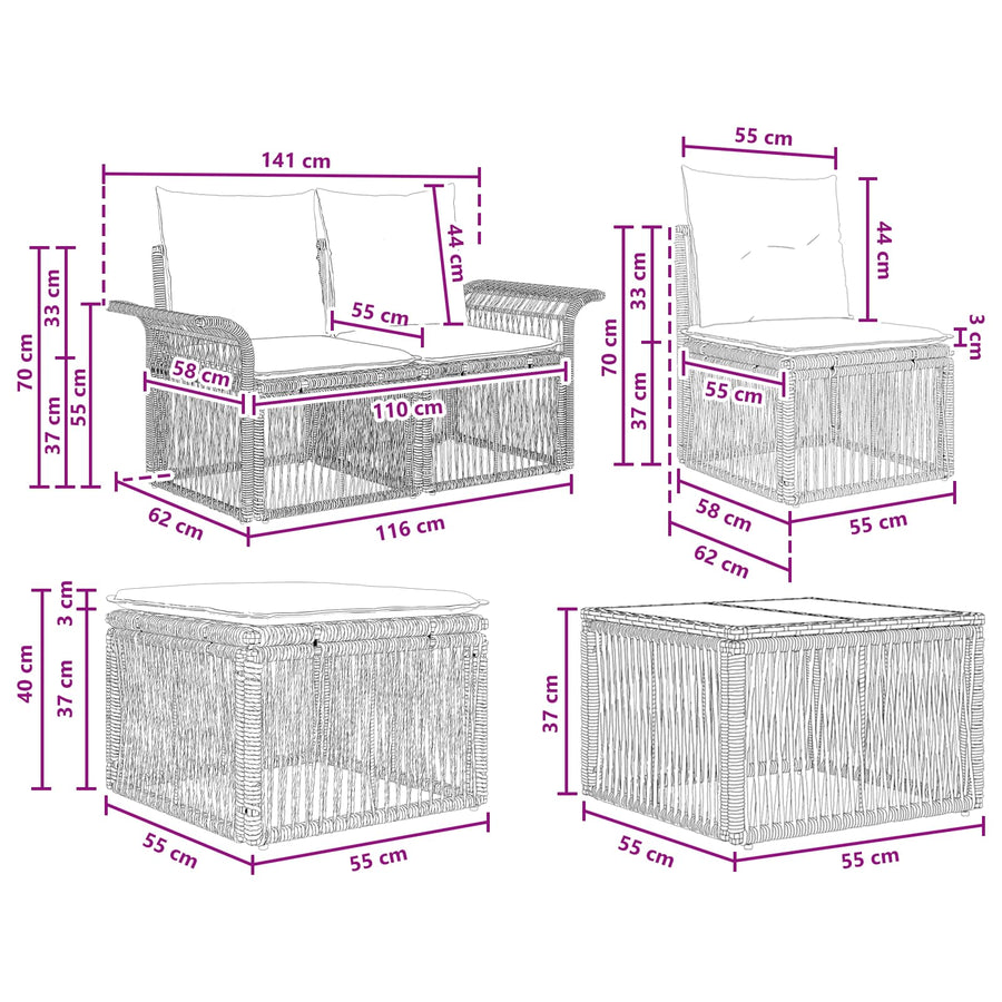 Tuinbankenset 5 pcs Grijs poly rattan