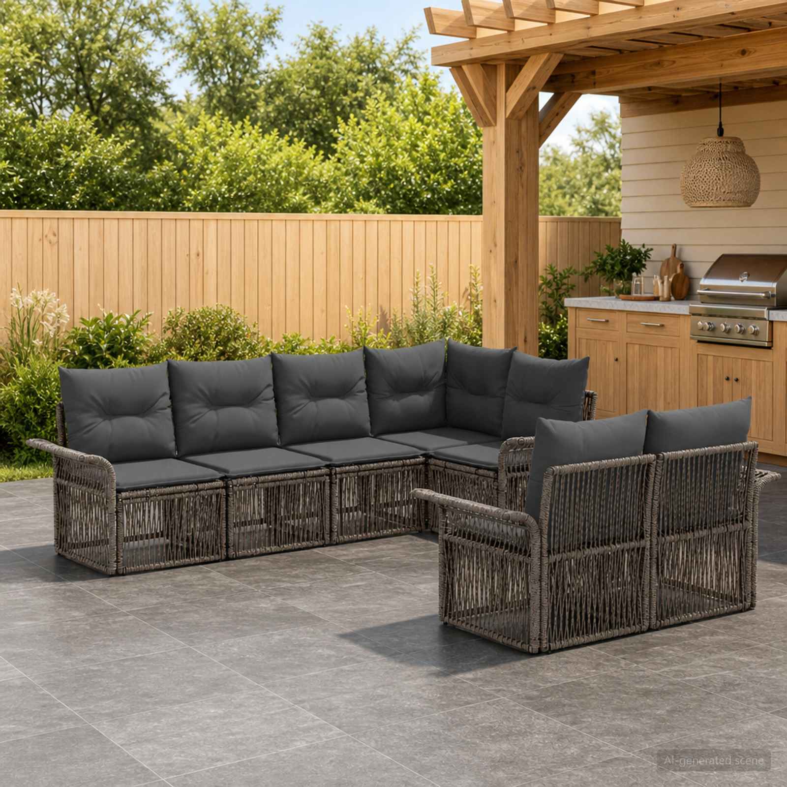 Tuinbankenset 7 st 7-Aantal zitplaatsen Grijs poly rattan
