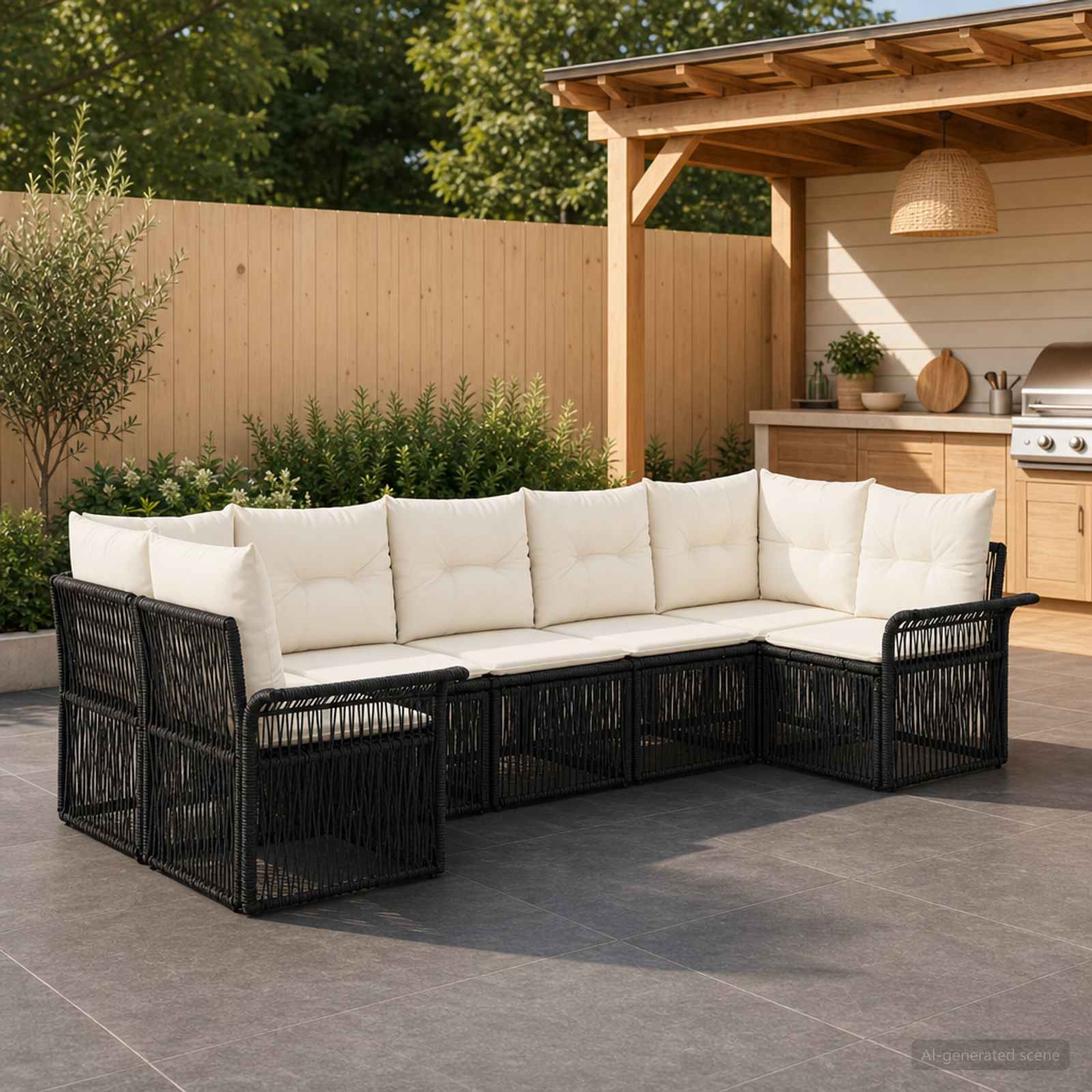 Tuinbankenset 7 st 7-Aantal zitplaatsen Zwart poly rattan