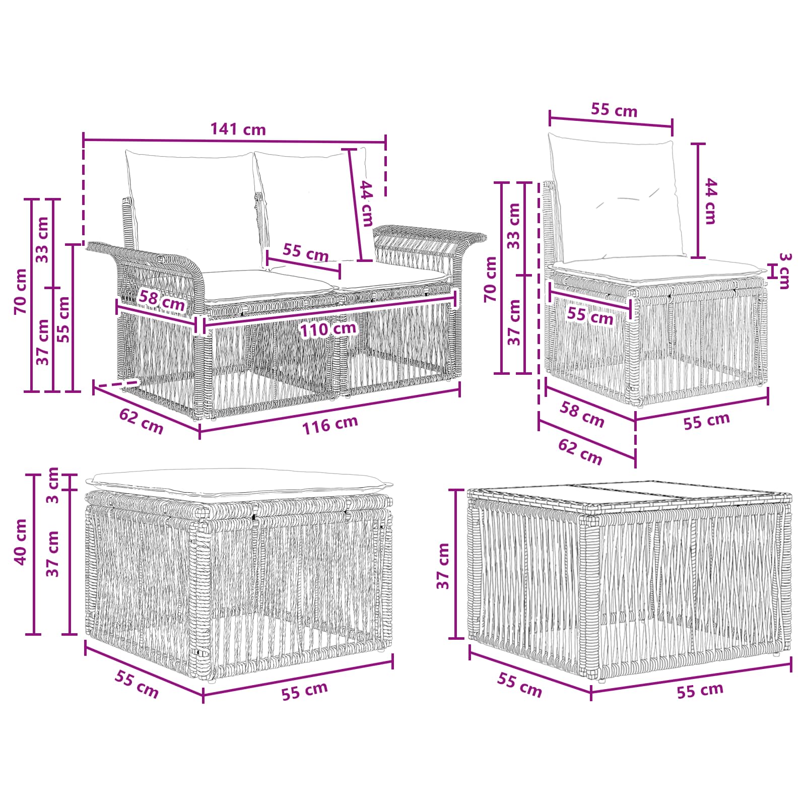 Tuinbankenset 10 pcs Zwart poly rattan