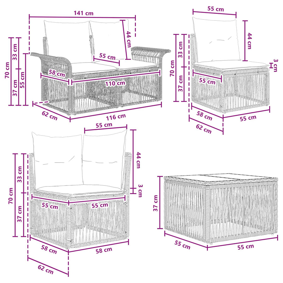 Tuinbankenset 14 pcs Grijs poly rattan