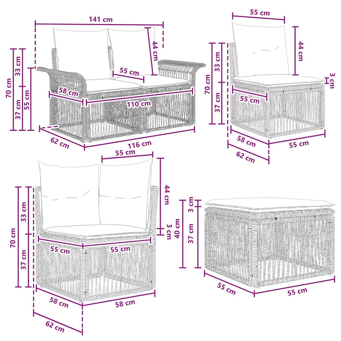Tuinbankenset 11 pcs Beige en Crème Wit poly rattan