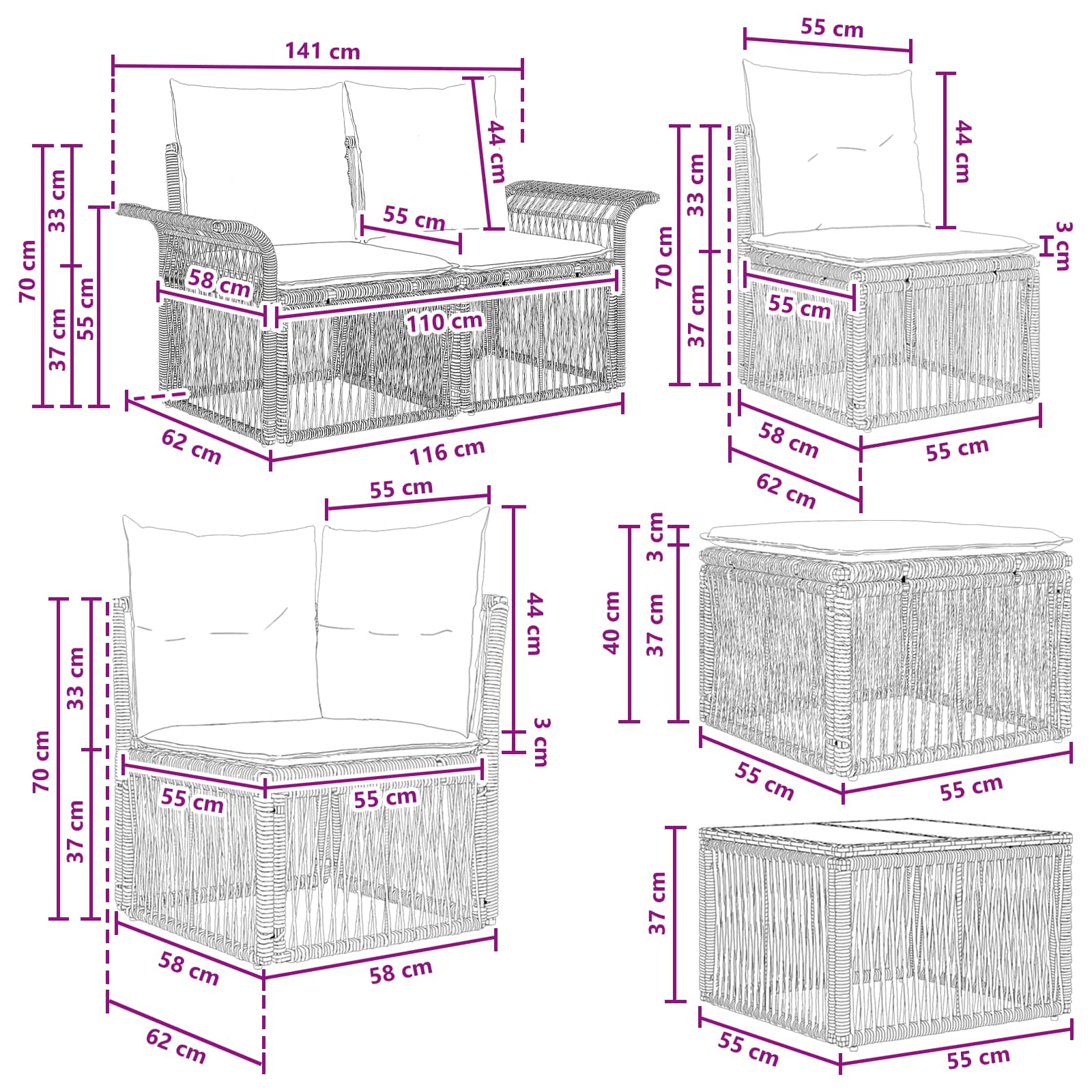 Tuinbankenset 12 pcs Grijs en Donkergrijs poly rattan