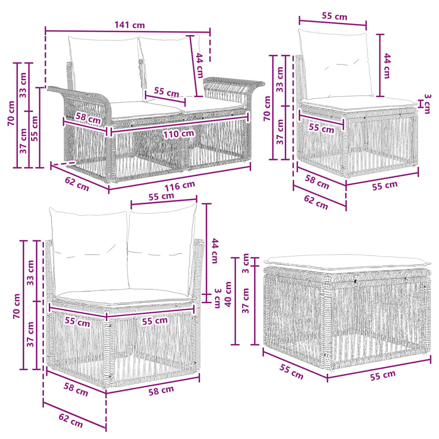Tuinbankenset 12 pcs Grijs en Donkergrijs poly rattan