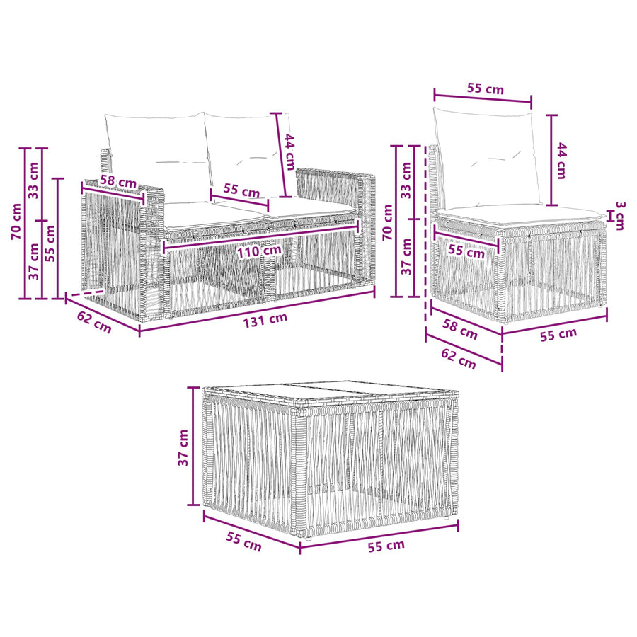 Tuinbankenset 6 pcs Grijs en Donkergrijs poly rattan