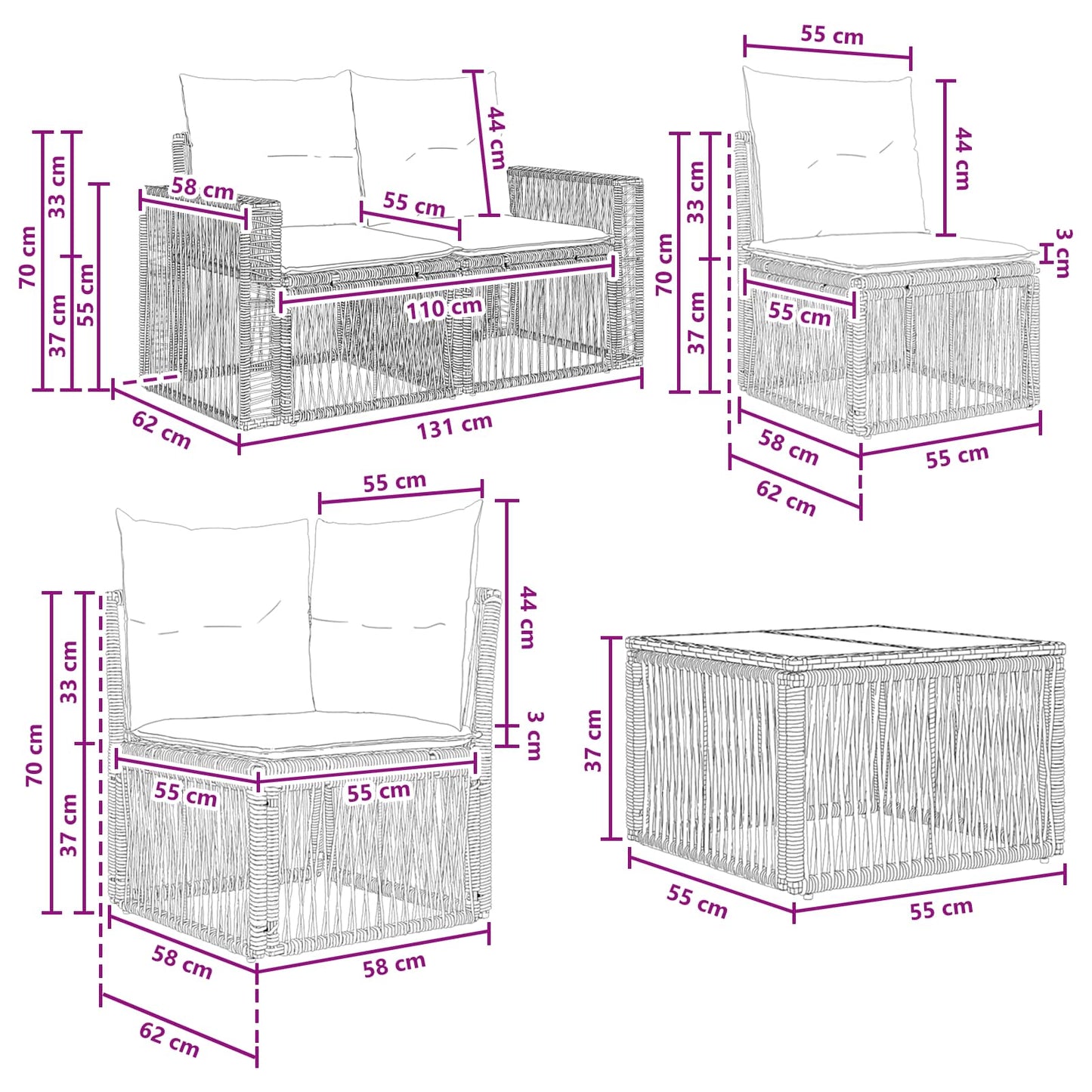 Tuinbankenset 10 pcs Grijs en Donkergrijs poly rattan