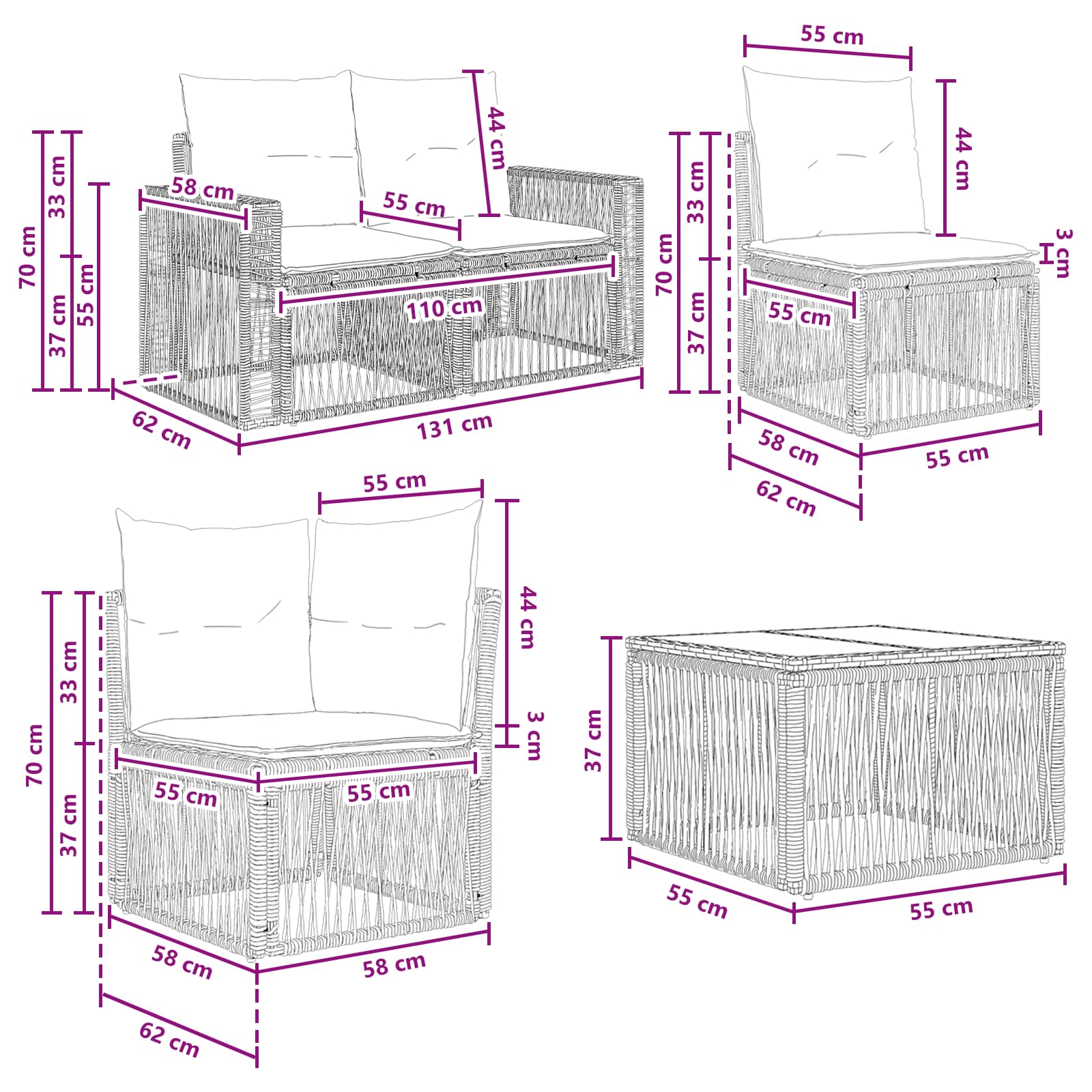 Tuinbankenset 10 pcs Grijs en Donkergrijs poly rattan