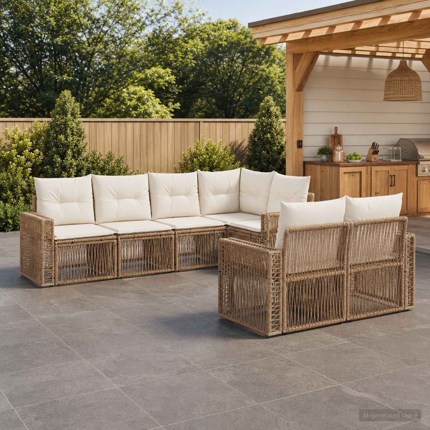 Tuinbankenset 7 st 7-Aantal zitplaatsen Beige en Crème Wit