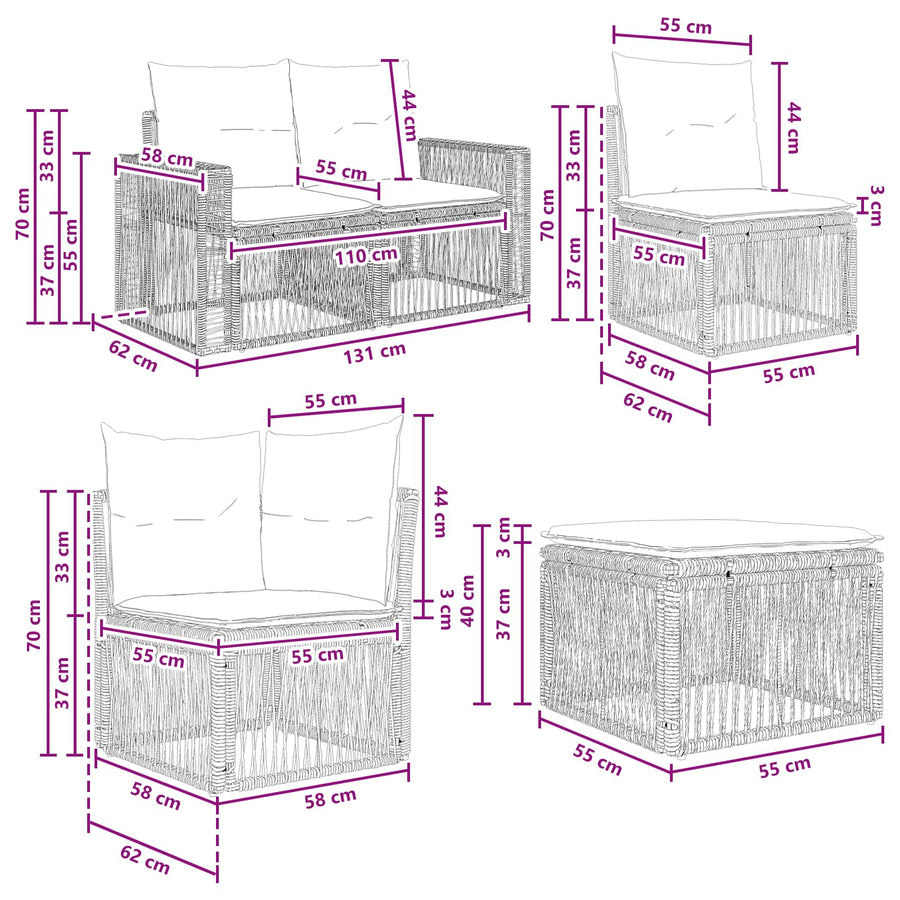Tuinbankenset 6 pcs Grijs en Donkergrijs poly rattan