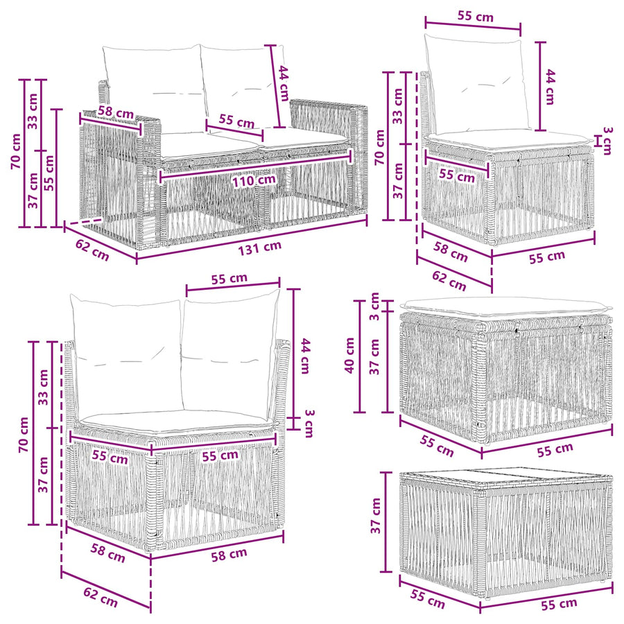 Tuinbankenset 7 pcs Grijs en Donkergrijs poly rattan