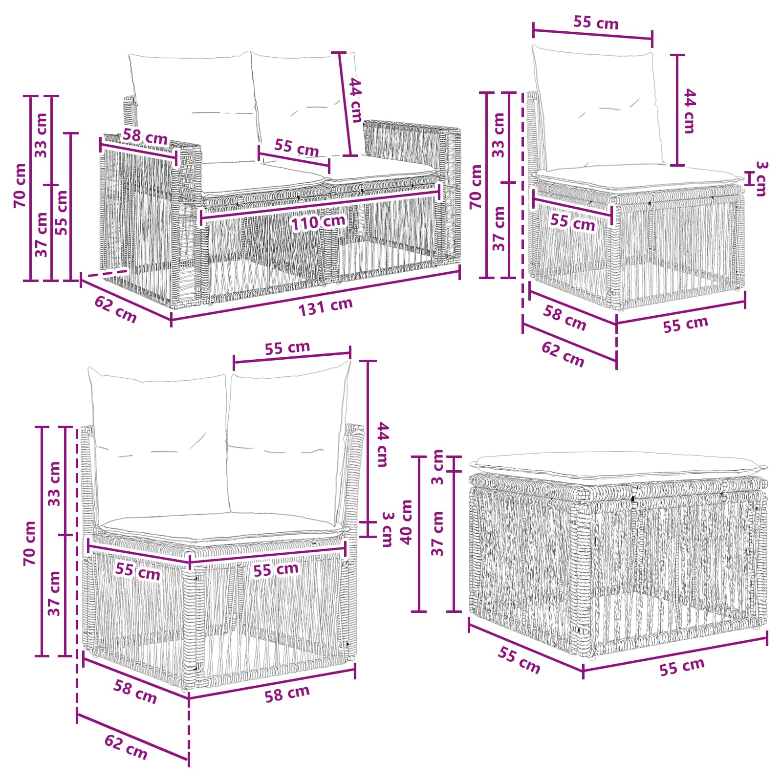 Tuinbankenset 8 pcs Zwart en Cream Wit poly rattan
