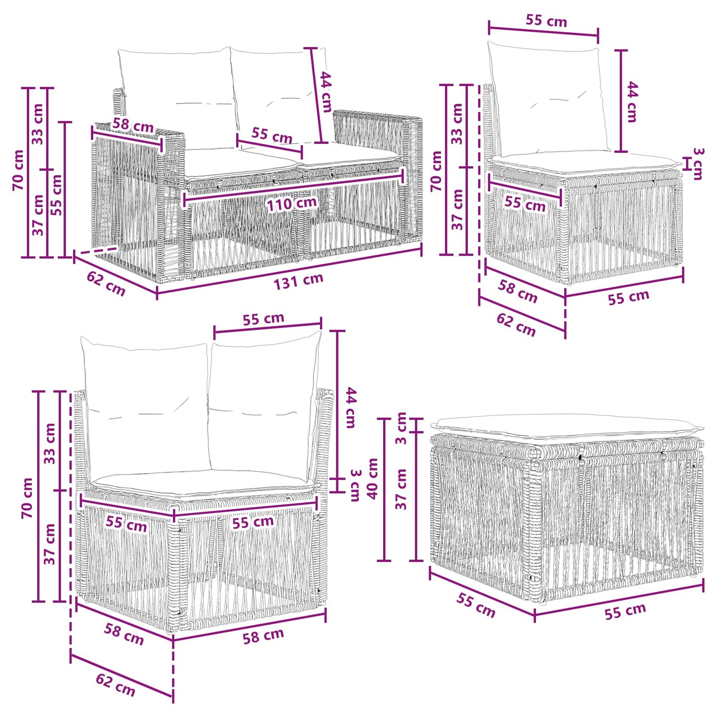 Tuinbankenset 8 pcs Beige en Crème Wit poly rattan