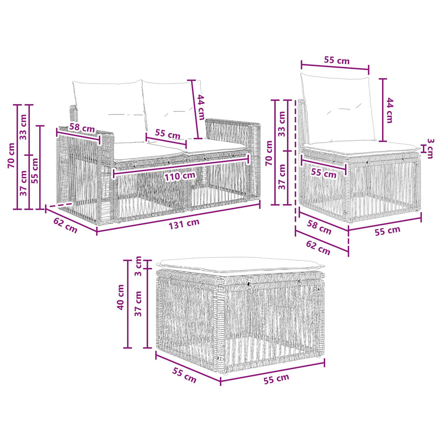 Tuinbankenset 9 pcs Grijs en Donkergrijs poly rattan