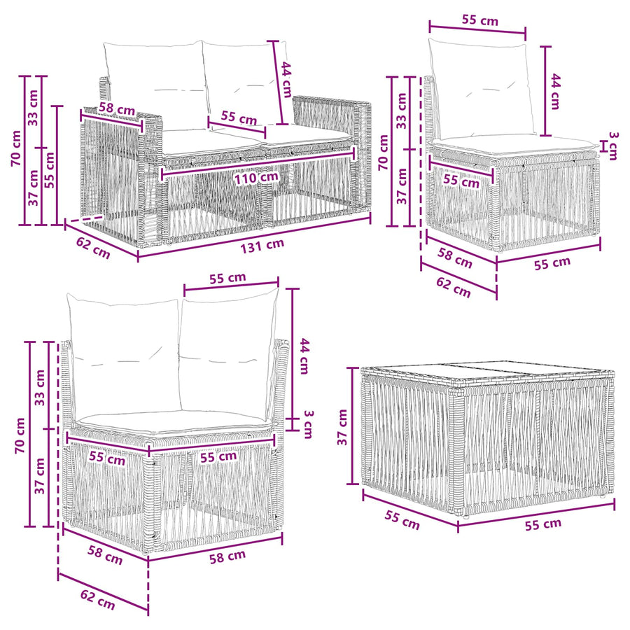 Tuinbankenset 14 pcs Zwart en Cream Wit poly rattan
