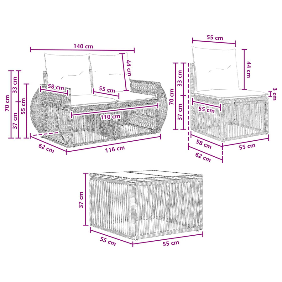 Tuinbankenset 4 pcs Grijs en Donkergrijs poly rattan