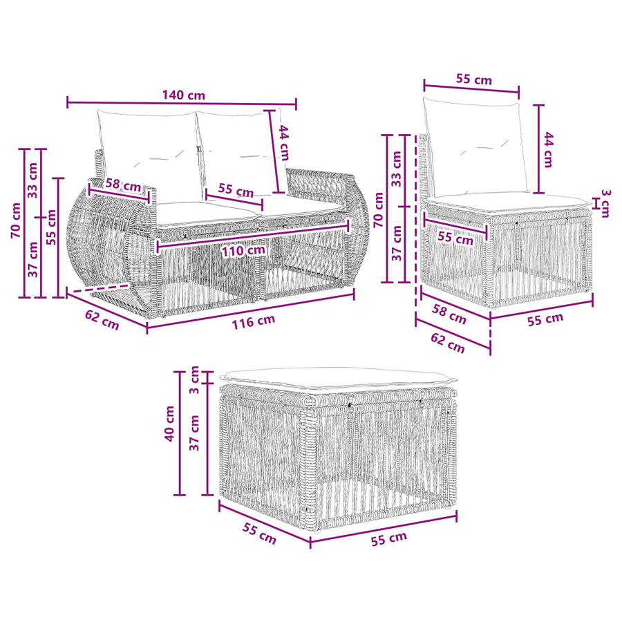 Tuinbankenset 4 pcs Zwart en Cream Wit poly rattan