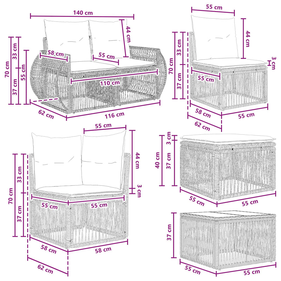 Tuinbankenset 7 pcs Zwart en Cream Wit poly rattan