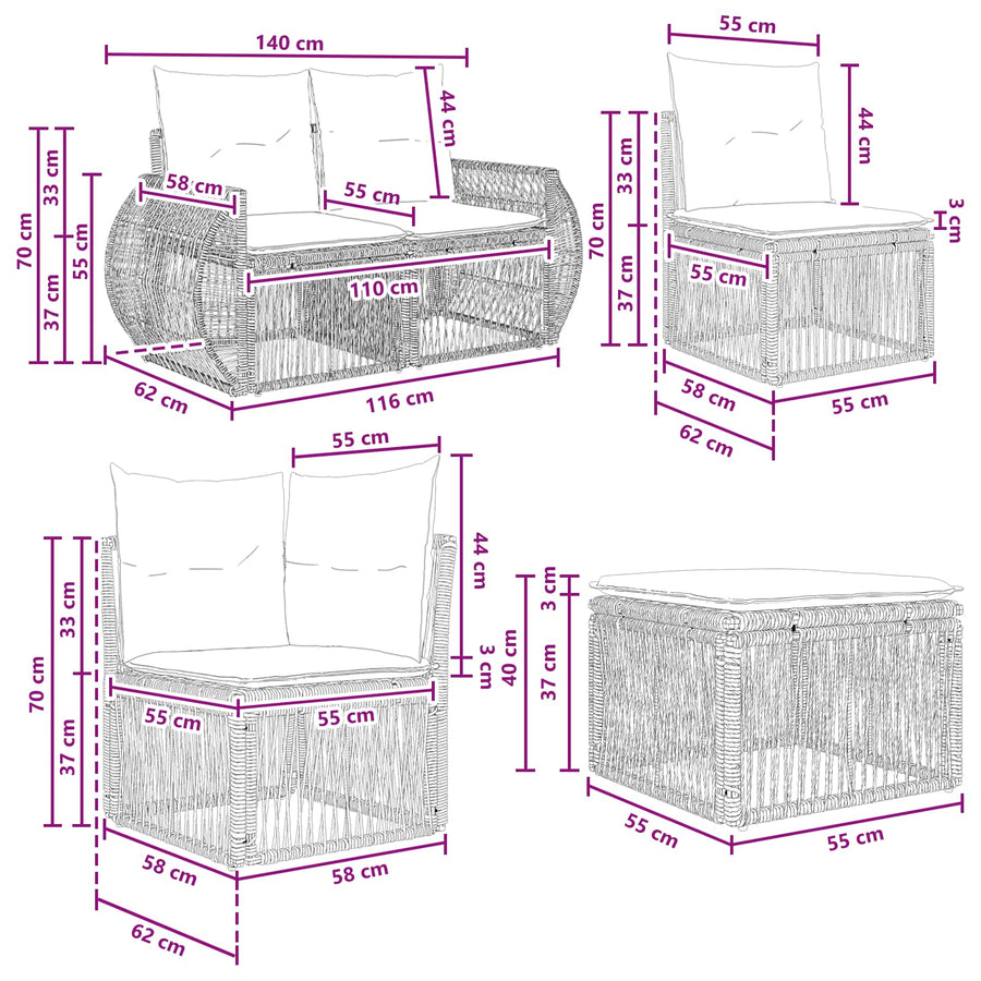 Tuinbankenset 7 pcs Grijs en Donkergrijs poly rattan