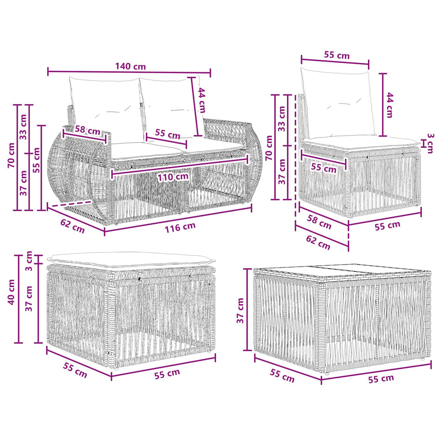 Tuinbankenset 7 pcs Zwart en Cream Wit poly rattan