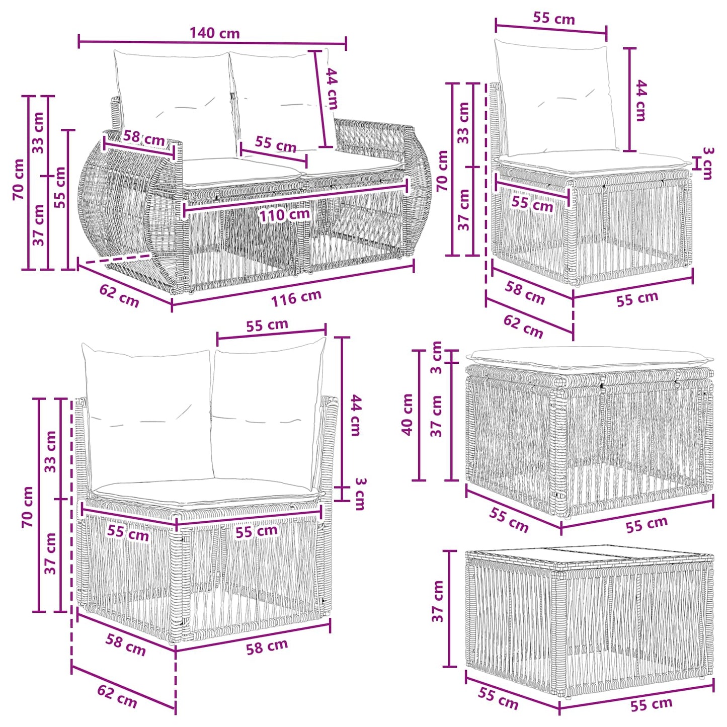 Tuinbankenset 9 pcs Beige en Crème Wit poly rattan