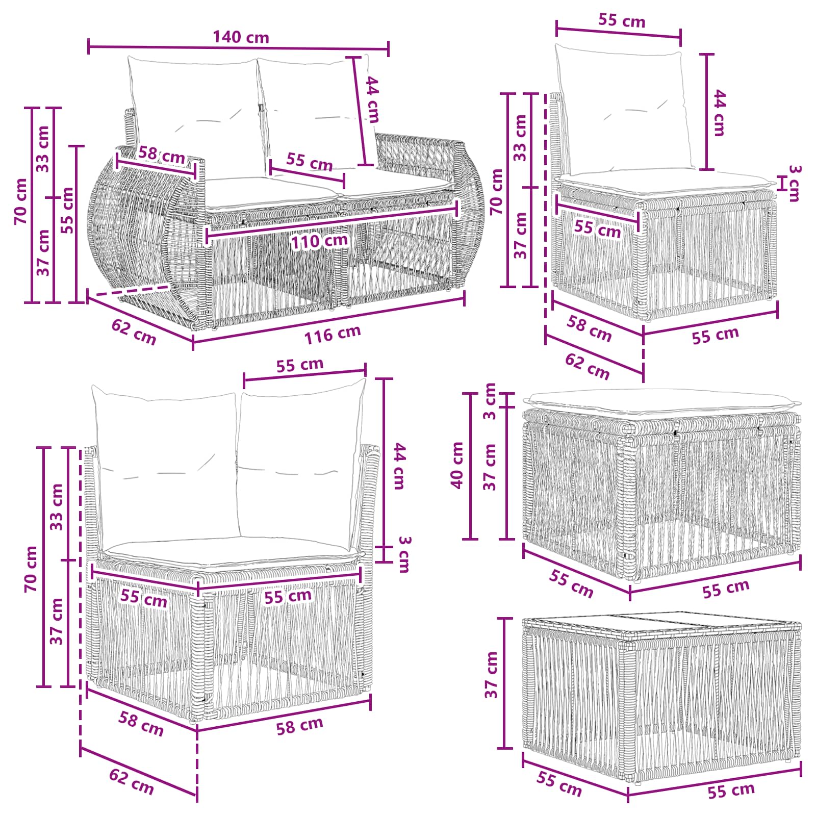 Tuinbankenset 9 pcs Beige en Crème Wit poly rattan