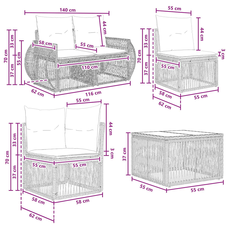 Tuinbankenset 14 pcs Zwart en Cream Wit poly rattan