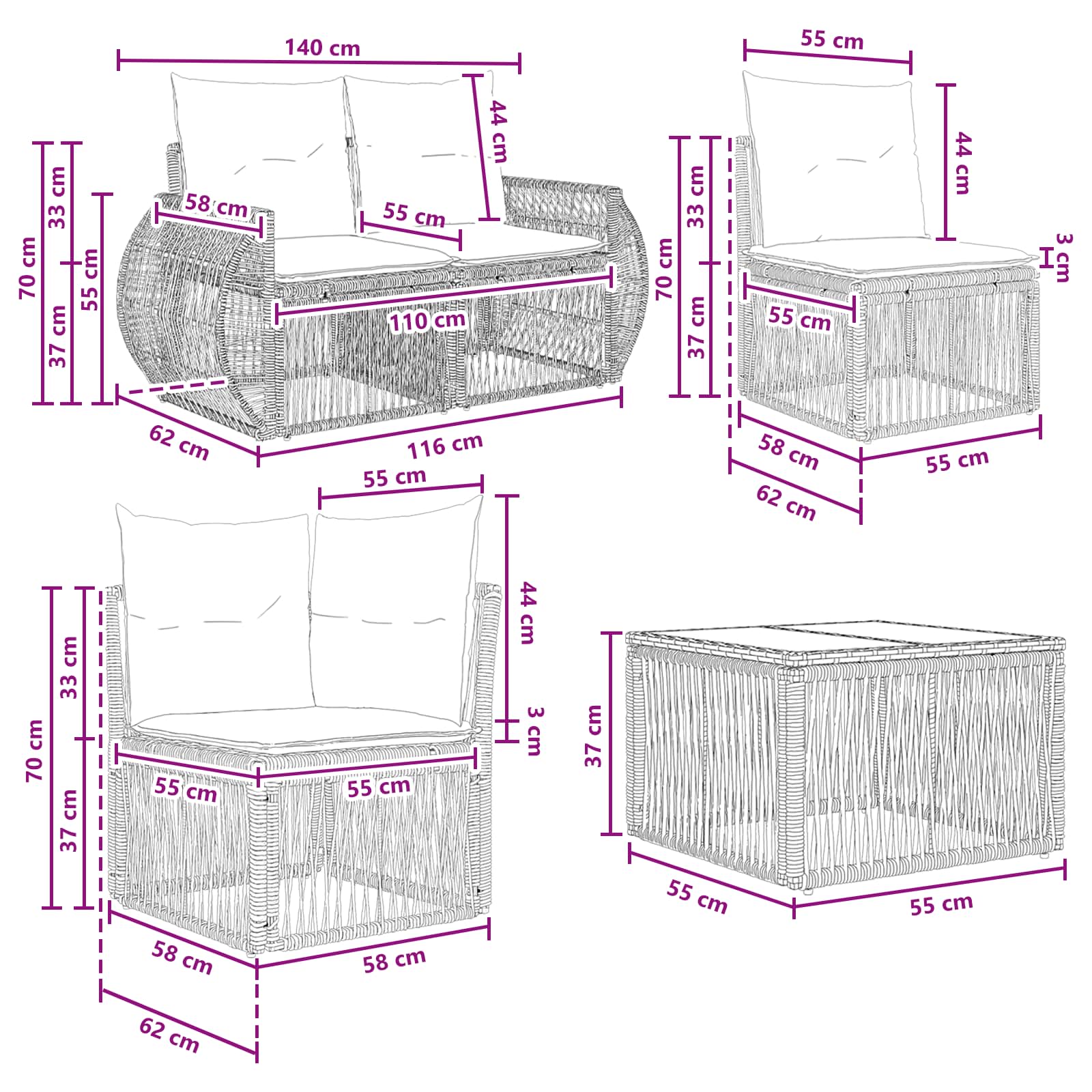 Tuinbankenset 13 pcs Zwart en Cream Wit poly rattan
