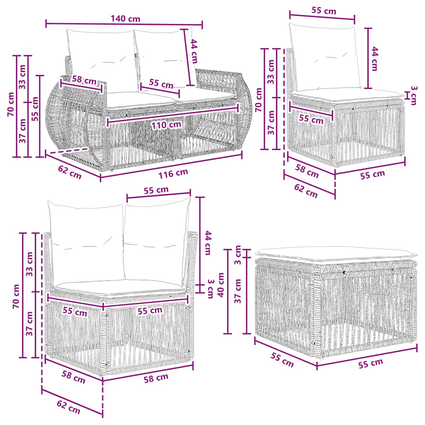 Tuinbankenset 9 pcs Beige poly rattan