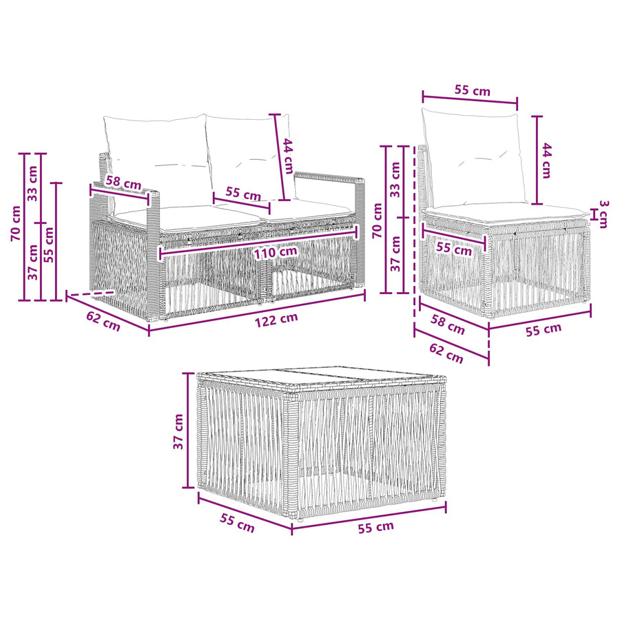 Tuinbankenset 4 pcs Zwart poly rattan