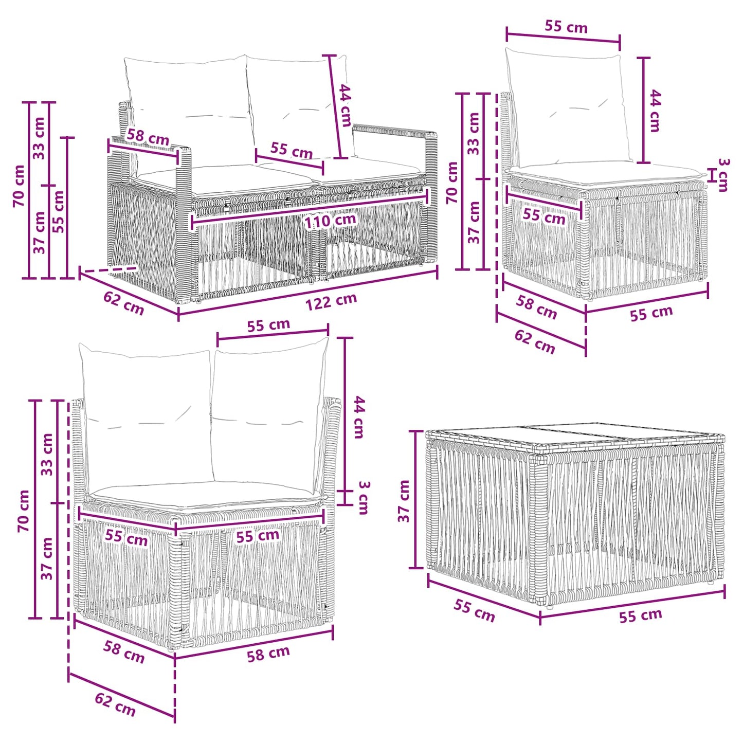 Tuinbankenset 10 pcs Zwart poly rattan